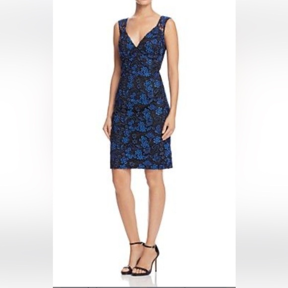Aidan Mattox Dresses & Skirts - AIDAN MATTOX Blue Black Elegant Floral Appliqué Deep V Sheath Party Dress Sz 0